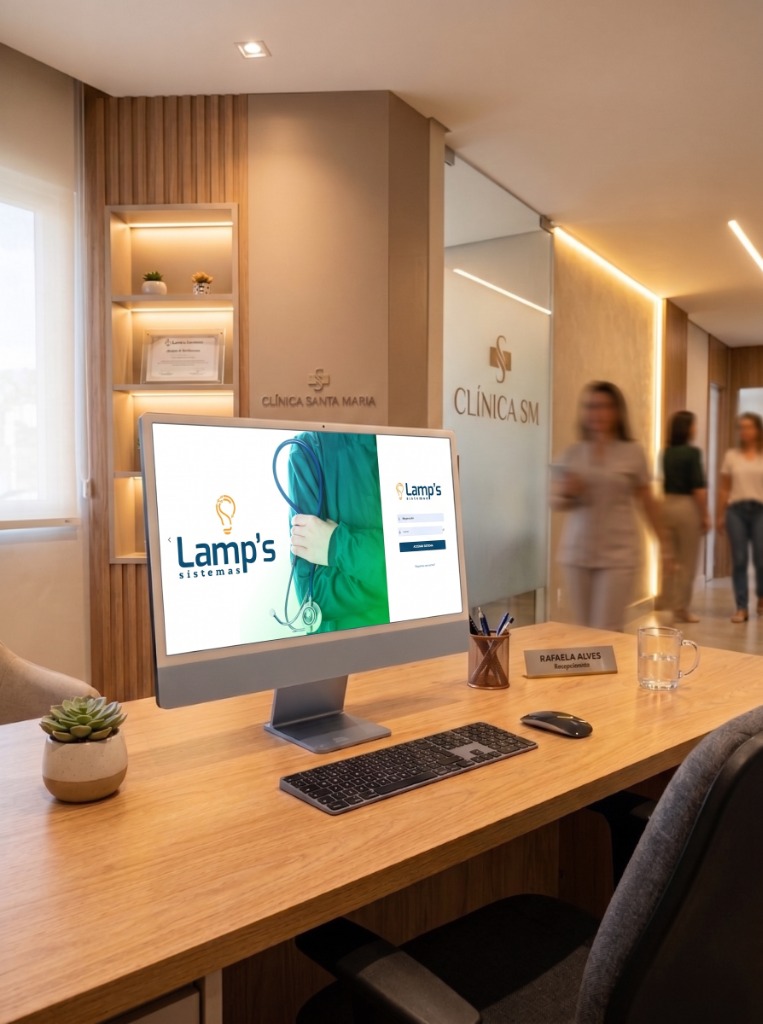 Computador na recepção com sistema Lamp's Sistemas